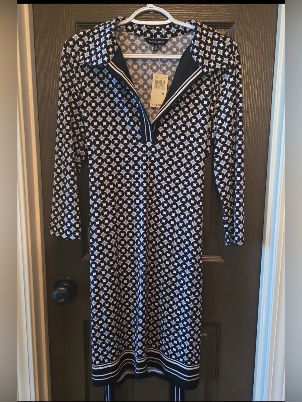 New Max Edition Navy Black & White Geometric Mod Pattern Collared Dress size Med